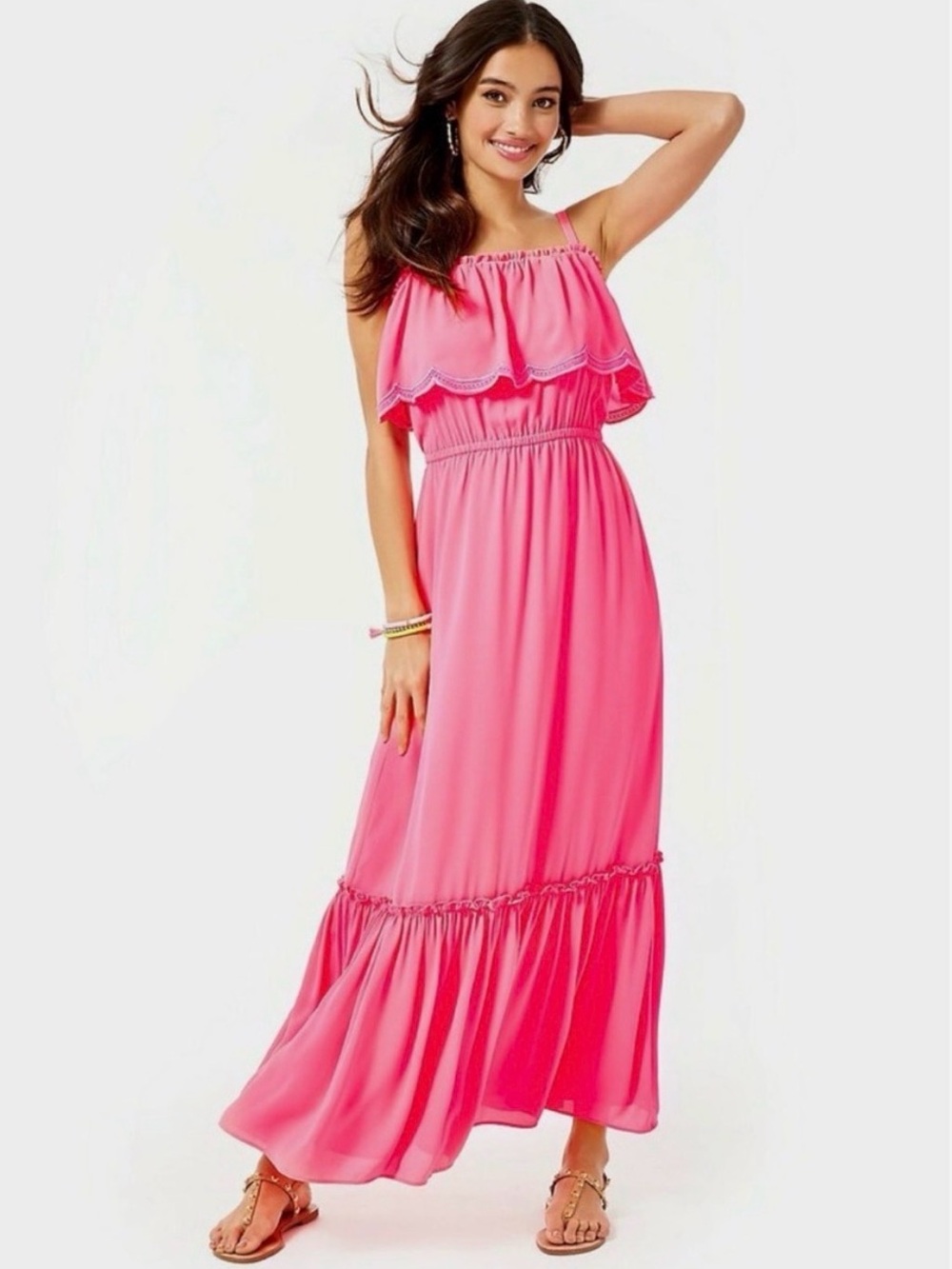 Lilly Pulitzer Adia Maxi Dress in Love Potion Pink Ruffle Tiered Flowy Sm Boho